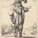 Plate 2: a gentleman wearing a plumed hat and carrying a sword, seen from behind, his right arm outstrestched, a landscape in the background with houses and a tower, from 'La Jardin de la Noblesse Françoise dans lequel ce peut ceuillir leur maniere de Vettements'